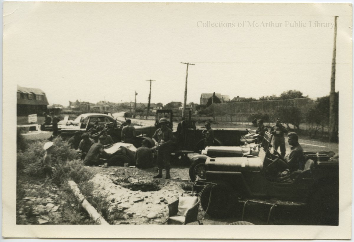Soldiers patrol the beach at Fortune's Rocks, Biddeford in 1942.