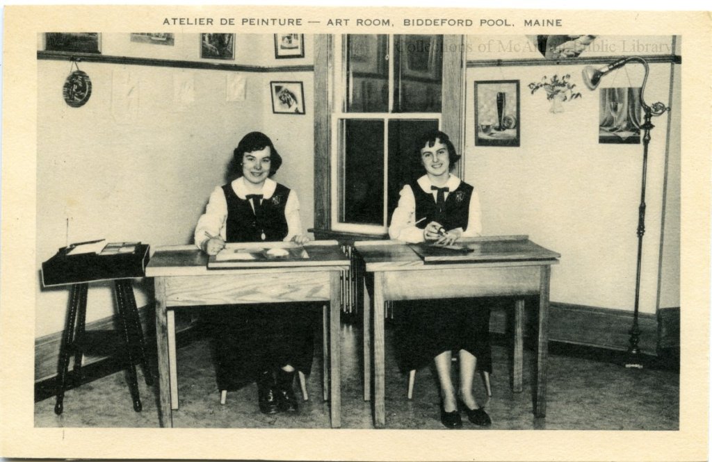 Marie-Joseph Academy students on a postcard titled "Atelier de peinture - Art Room, Biddeford Pool, Maine"