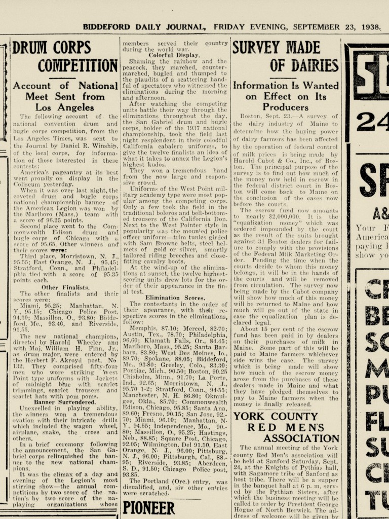 Article about 1938 drum corps national finalist victory
